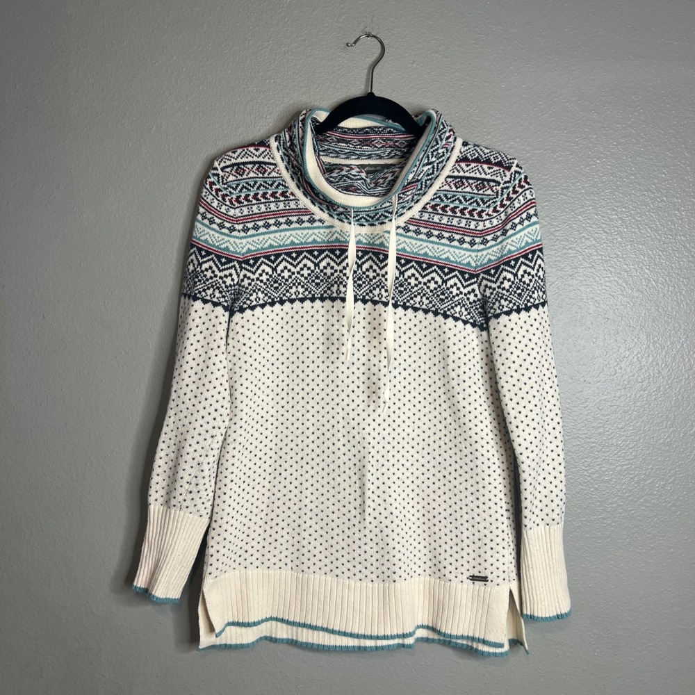 Eddie Bauer Cowl Neck Sweater Sz S Fair Isle Drawstring Pullover Cabin Apres Ski